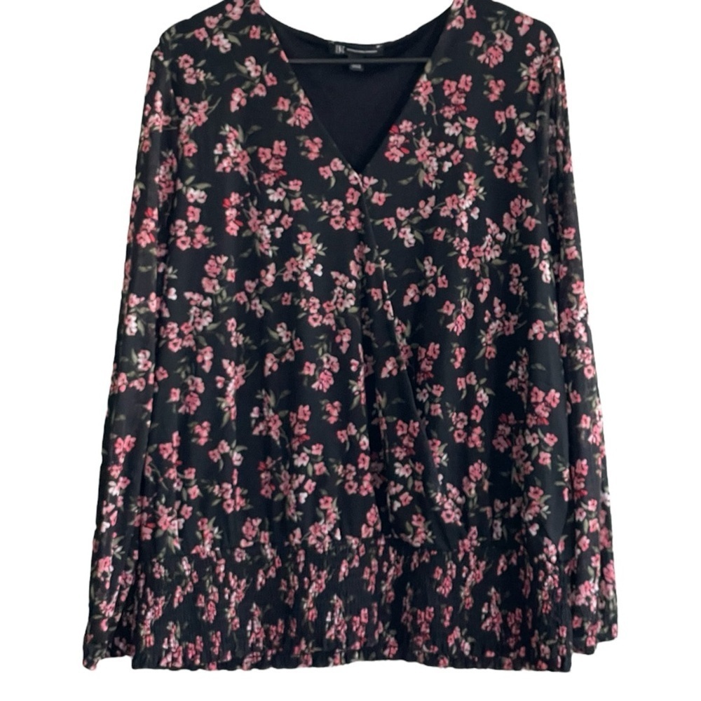 INC Blouse XL Garden Party Surplice Top Smocked Hem Long Sleeve Size XL NWT